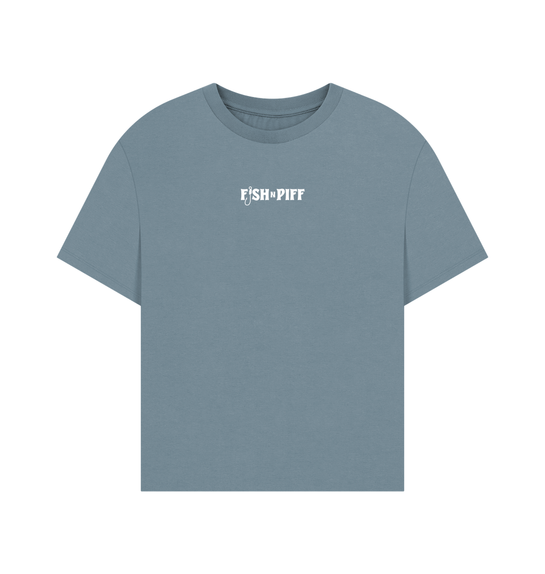 Stone Blue FISH PUFF PASS - WHITE BOX LOGO - WOMENS OVERSIZE T
