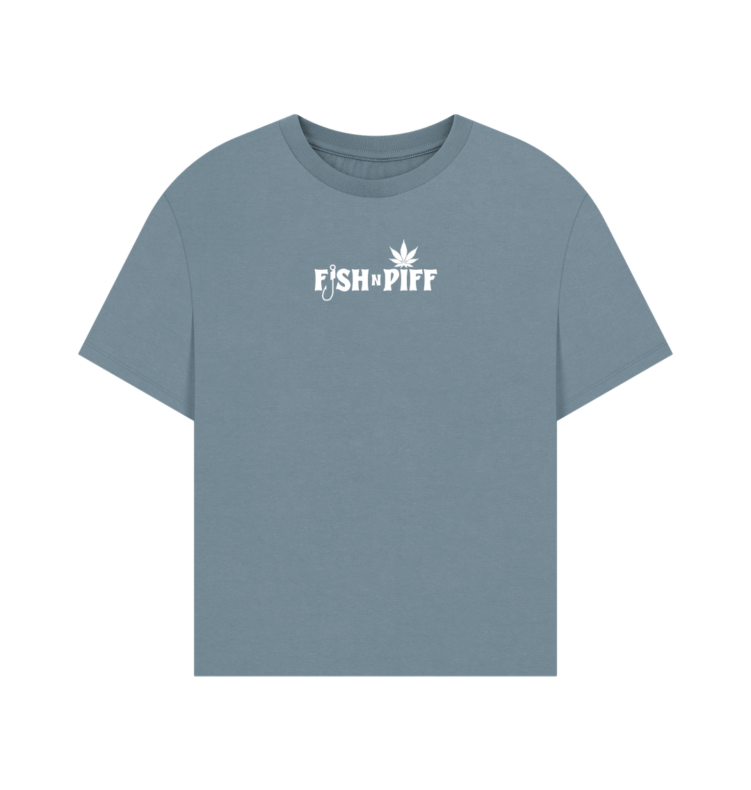 Stone Blue FISHNPIFF HEMP LEAF WHITE LOGO - WOMENS OVERSIZE T