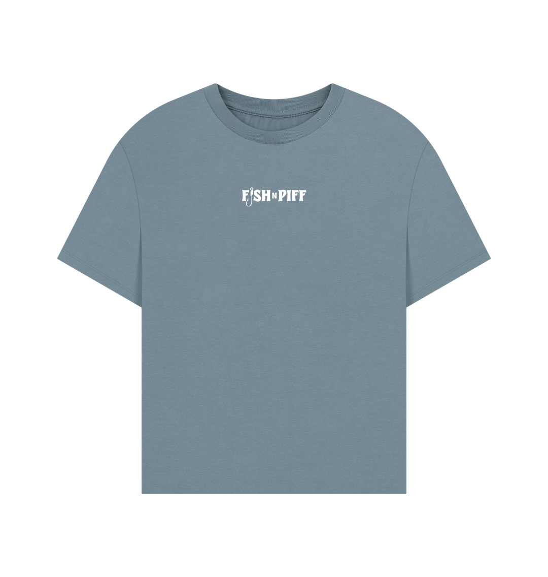 Stone Blue FISH PUFF PASS WHITE BOX LOGO - WOMENS OVERSIZE T