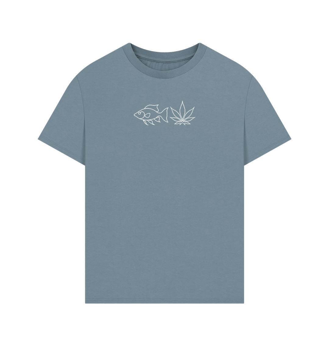 Stone Blue FISHNLEAF WHITE LOGO - MENS OVERSIZE T