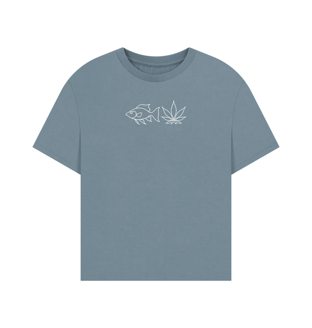 Stone Blue FISHNLEAF WHITE LOGO - WOMENS OVERSIZE T